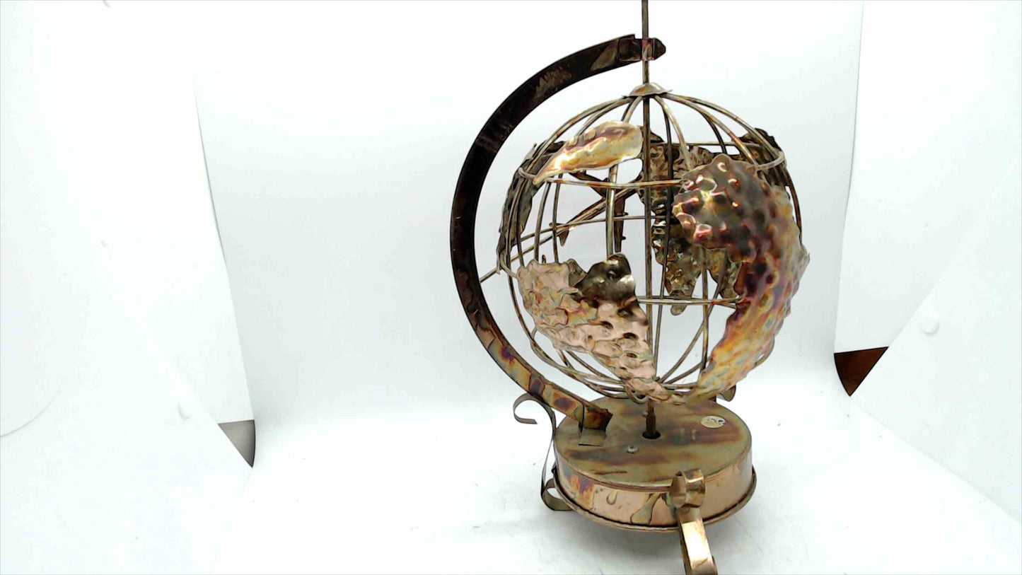Vintage Hammered Brass Globe Music Box w/ Airplane – “Around the World in 80 Days” – Tested & Working