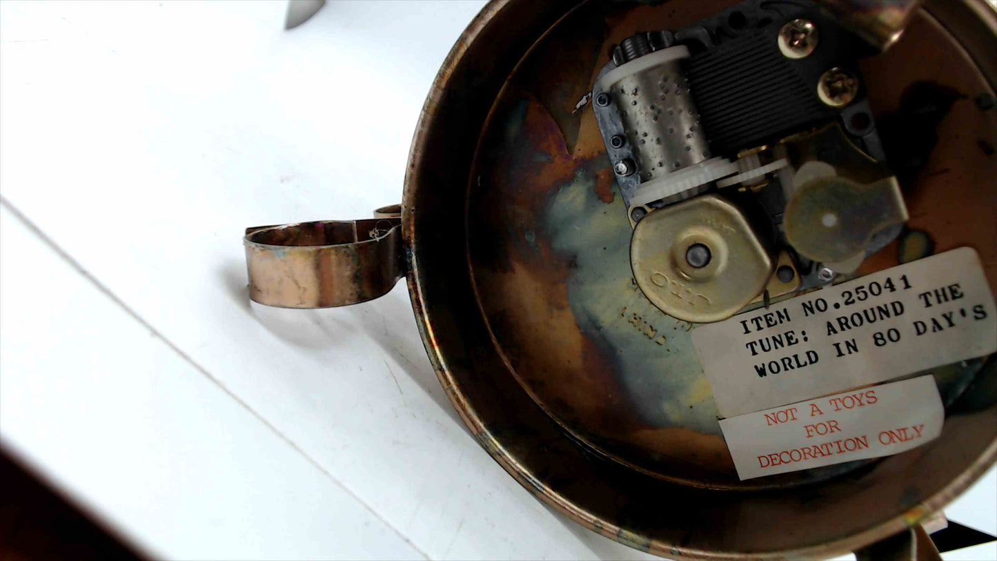 Vintage Hammered Brass Globe Music Box w/ Airplane – “Around the World in 80 Days” – Tested & Working