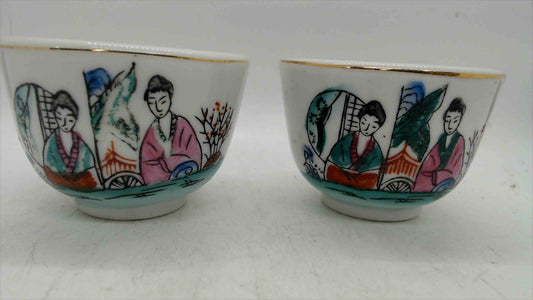 Pair of Vintage Hand-Painted Porcelain Sake Cups w/ Gold Rim & Red Seal Mark