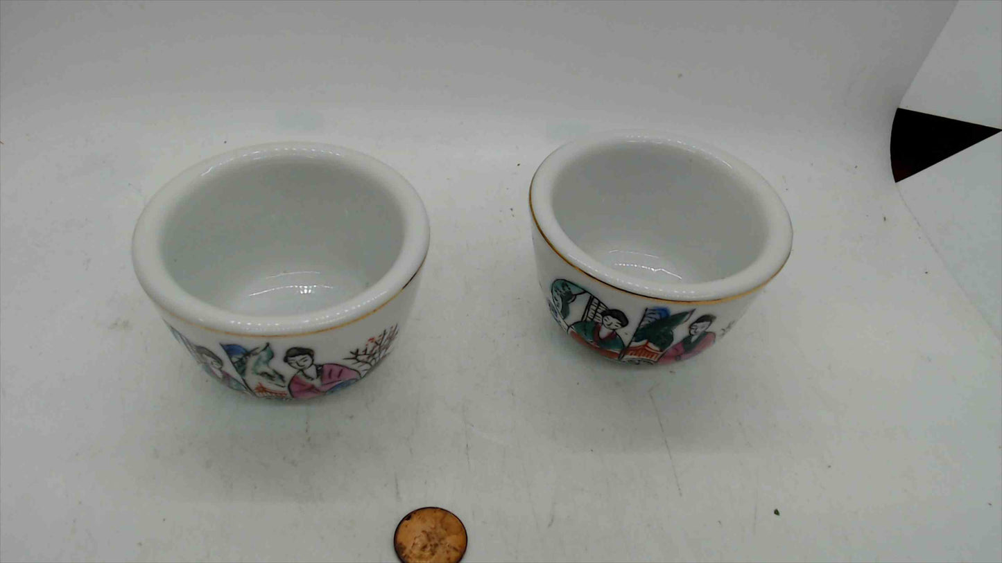 Pair of Vintage Hand-Painted Porcelain Sake Cups w/ Gold Rim & Red Seal Mark
