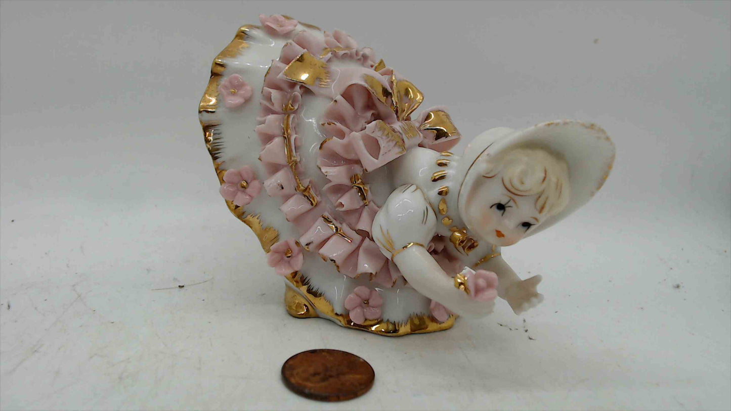 Lefton China “KW1412” Girl in Pink Ruffled Dress & Bonnet Figurine – 3” Tall, Gold Trim
