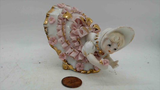 Lefton China “KW1412” Girl in Pink Ruffled Dress & Bonnet Figurine – 3” Tall, Gold Trim