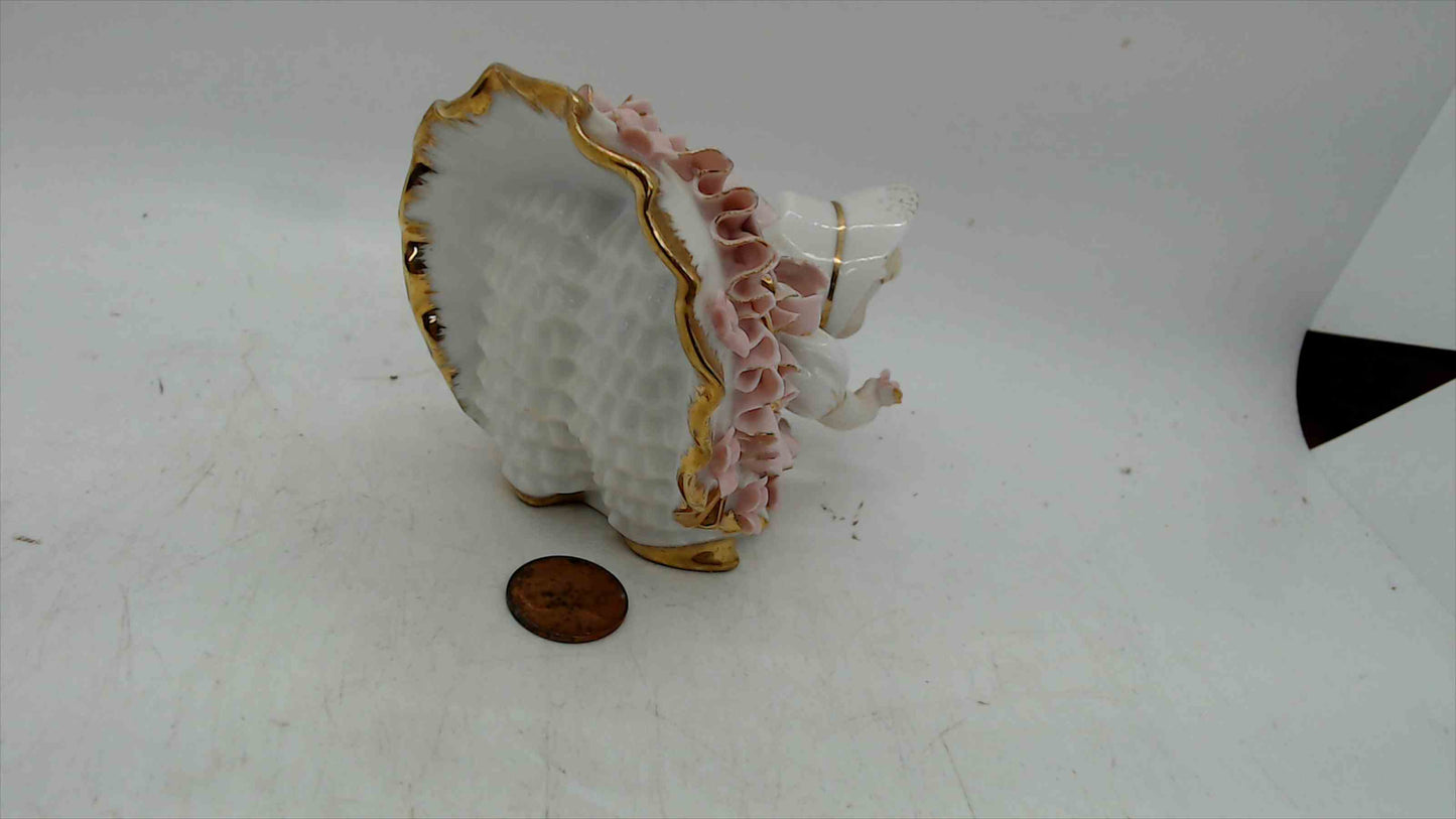 Lefton China “KW1412” Girl in Pink Ruffled Dress & Bonnet Figurine – 3” Tall, Gold Trim