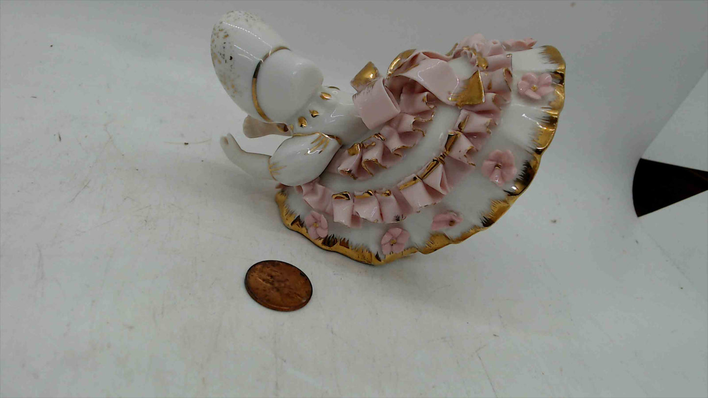 Lefton China “KW1412” Girl in Pink Ruffled Dress & Bonnet Figurine – 3” Tall, Gold Trim