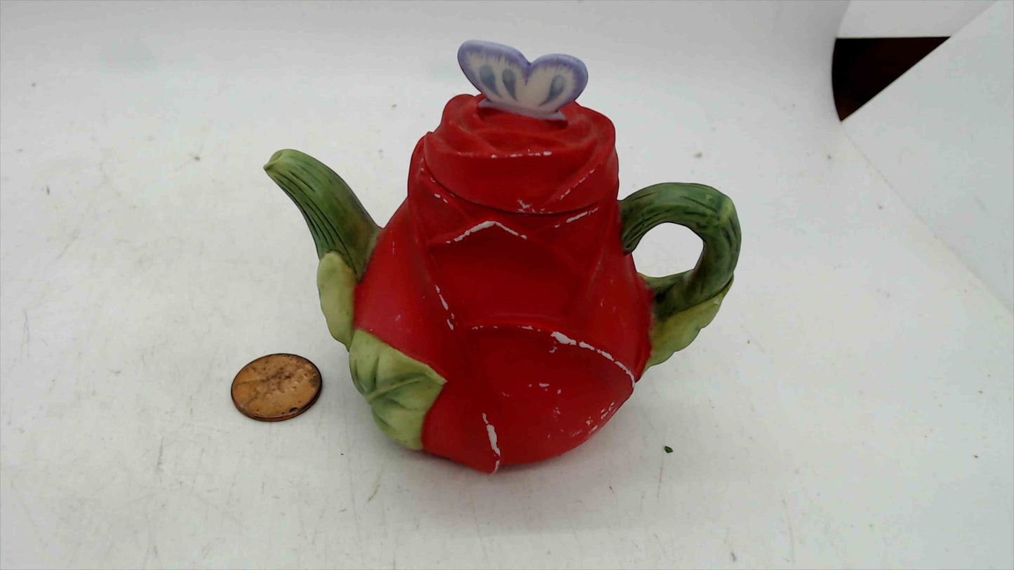 Avon Rosebud Teapot Figurine w/ Butterfly Lid – Ceramic Miniature, 1995 – 3.25” Tall