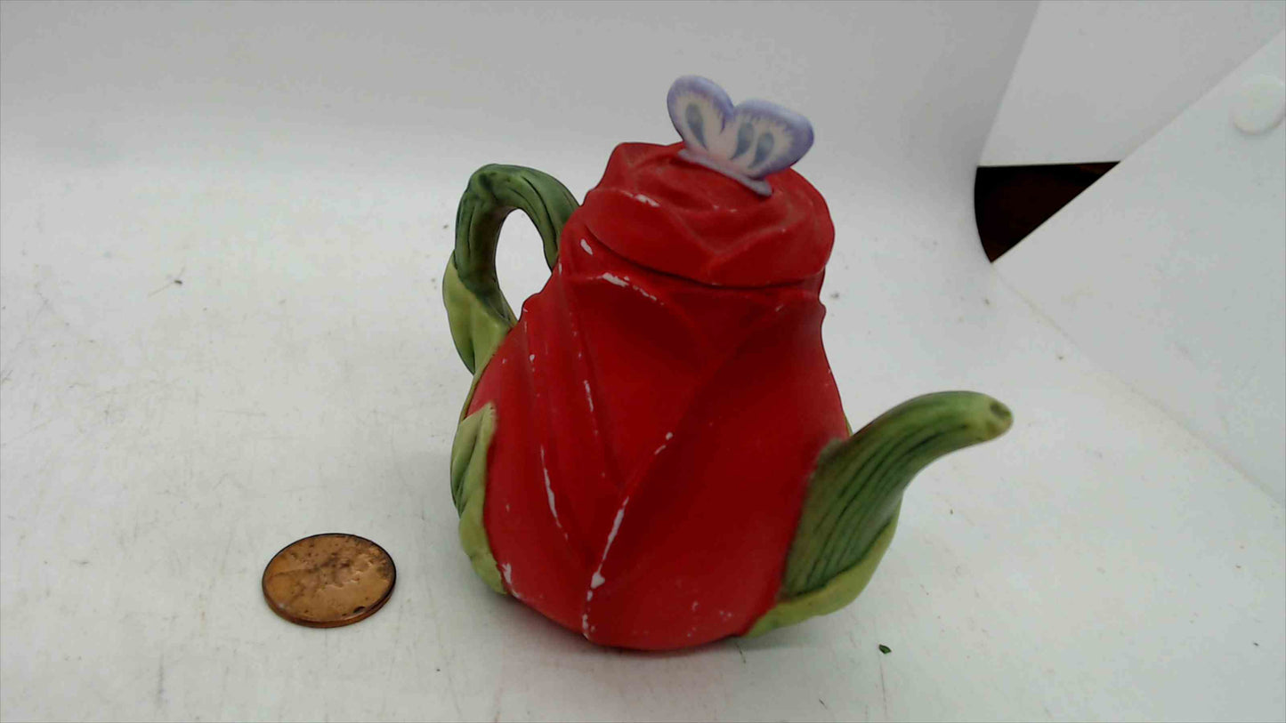 Avon Rosebud Teapot Figurine w/ Butterfly Lid – Ceramic Miniature, 1995 – 3.25” Tall