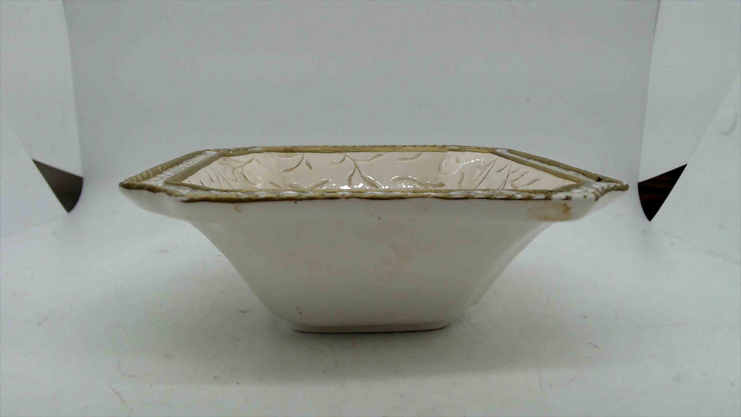 Fitz & Floyd Home Fragrance Embossed Octagonal Bowl – Ivory w/ Gold Trim, 6" Square Dish