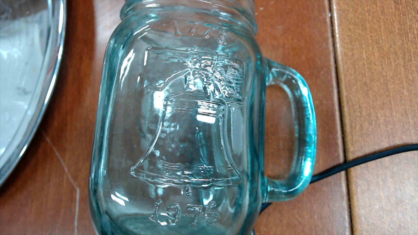 1776–1976 Jack in the Box “Liberty Mug” Aqua Glass Jar w/ Handle – 5”