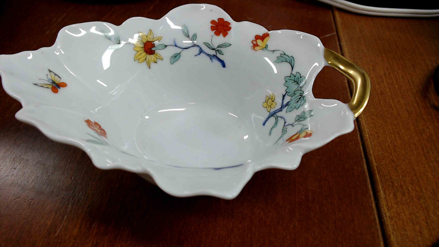 Haviland Limoges France Floral Butterfly Handled Nut/Candy Dish – Gold Handle, Scalloped Rim – 6” x 5”