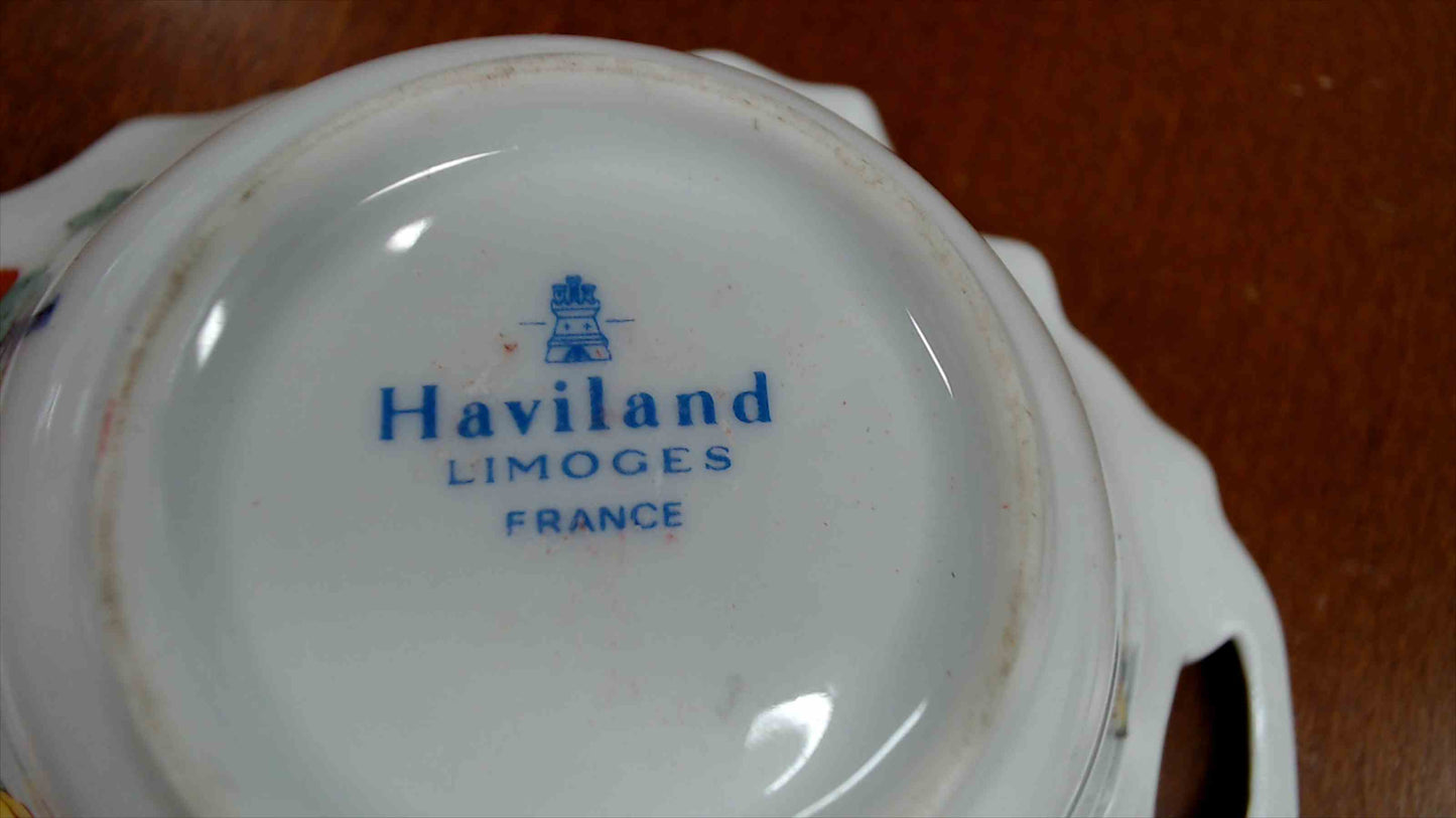 Haviland Limoges France Floral Butterfly Handled Nut/Candy Dish – Gold Handle, Scalloped Rim – 6” x 5”