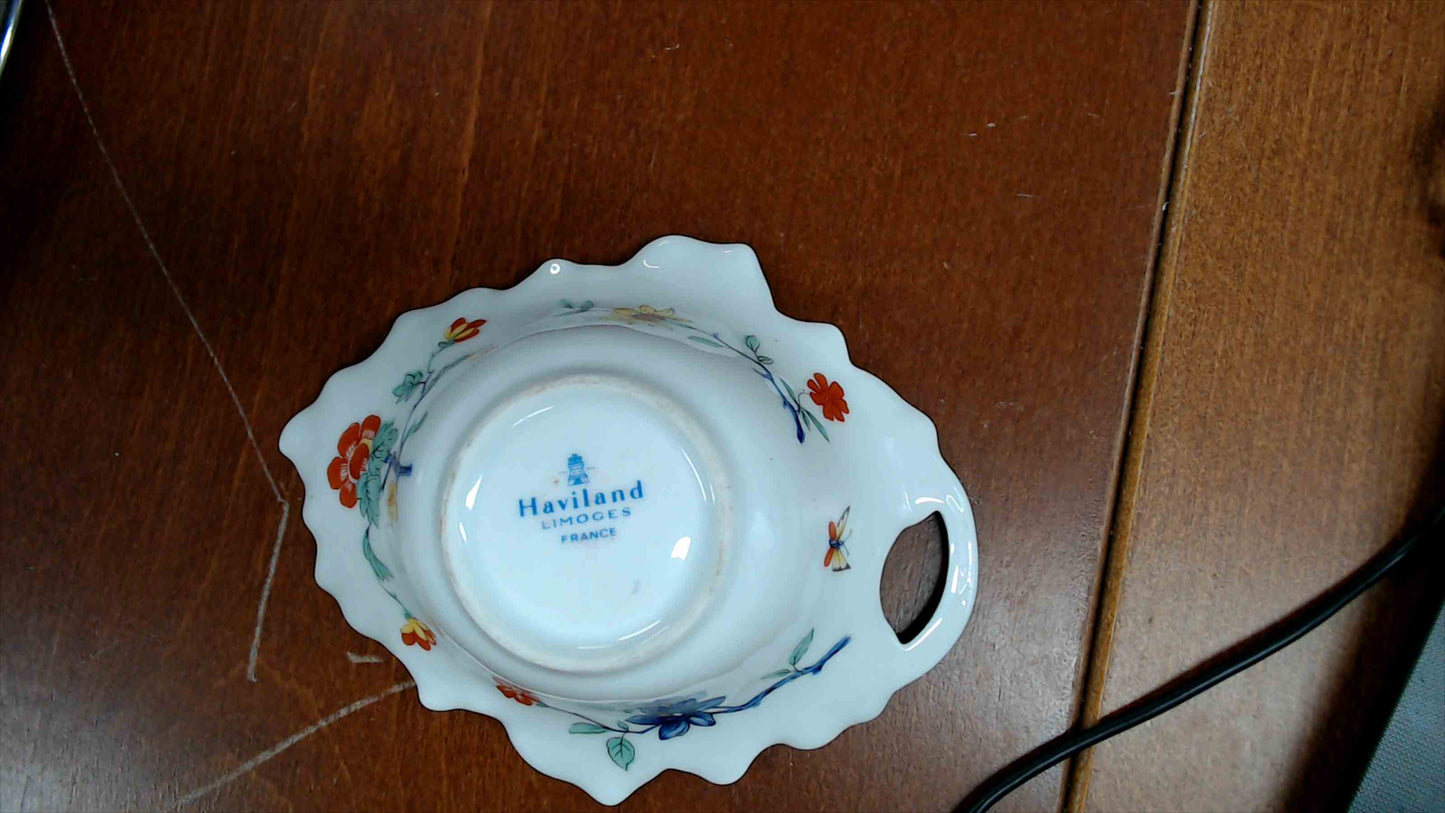Haviland Limoges France Floral Butterfly Handled Nut/Candy Dish – Gold Handle, Scalloped Rim – 6” x 5”