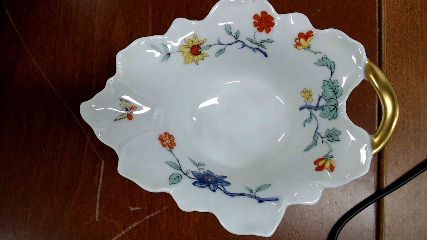 Haviland Limoges France Floral Butterfly Handled Nut/Candy Dish – Gold Handle, Scalloped Rim – 6” x 5”