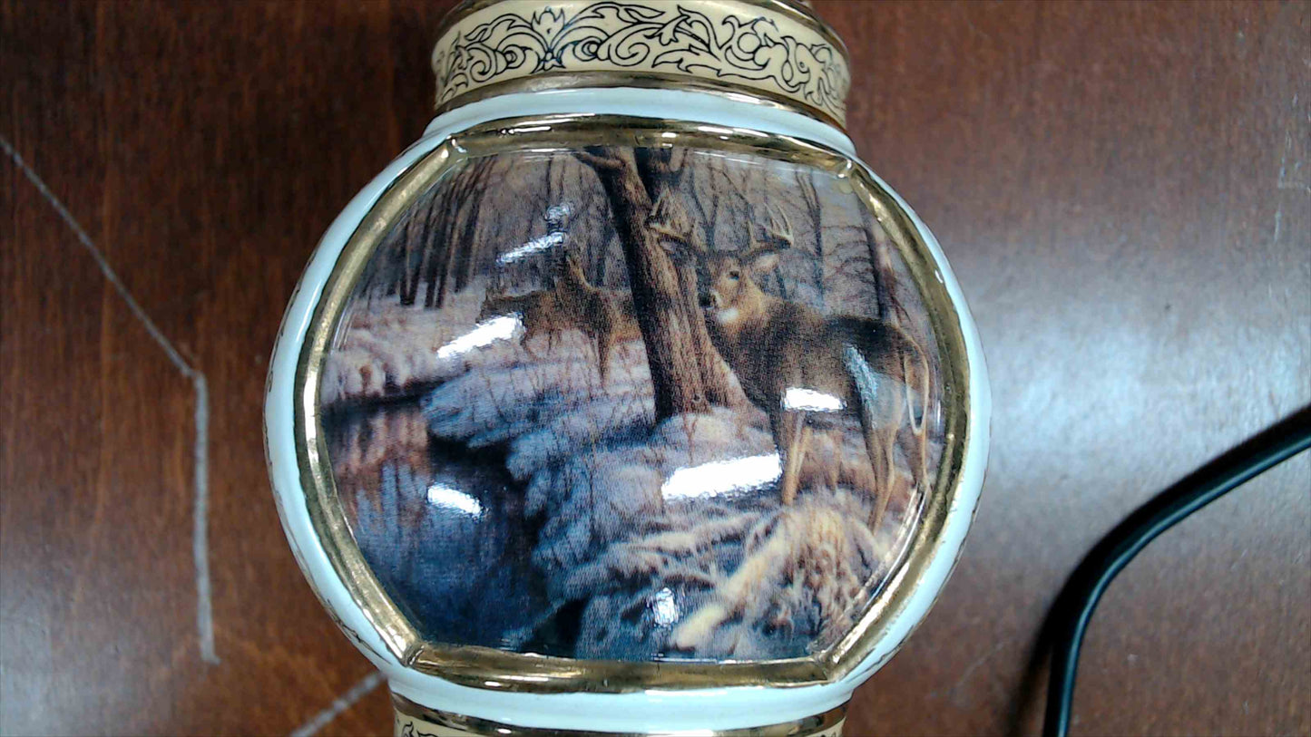 Vintage Finial Deer Scene Ornament – White/Gold Porcelain, 5.5” Tall