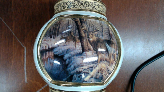 Vintage Finial Deer Scene Ornament – White/Gold Porcelain, 5.5” Tall