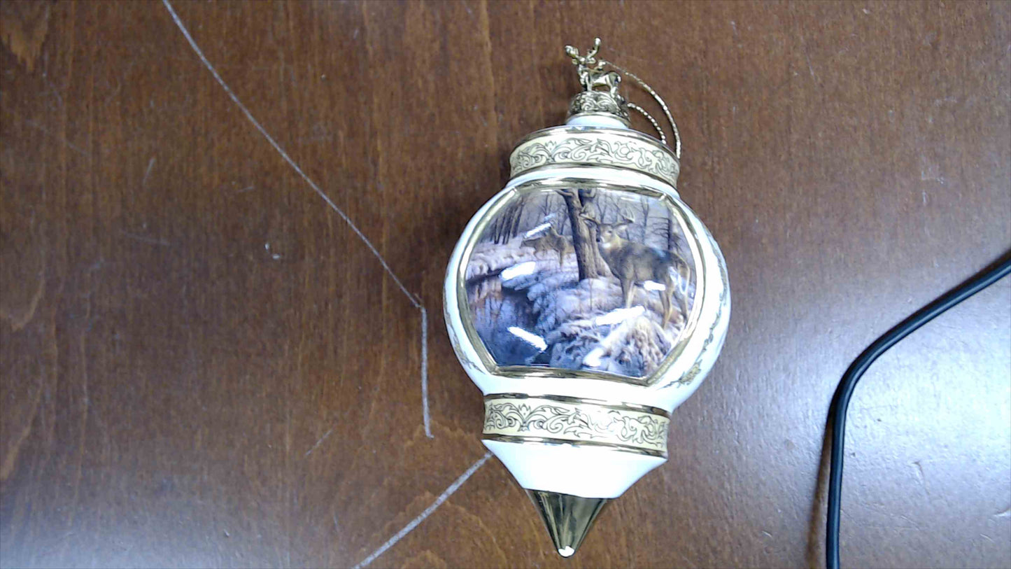 Vintage Finial Deer Scene Ornament – White/Gold Porcelain, 5.5” Tall