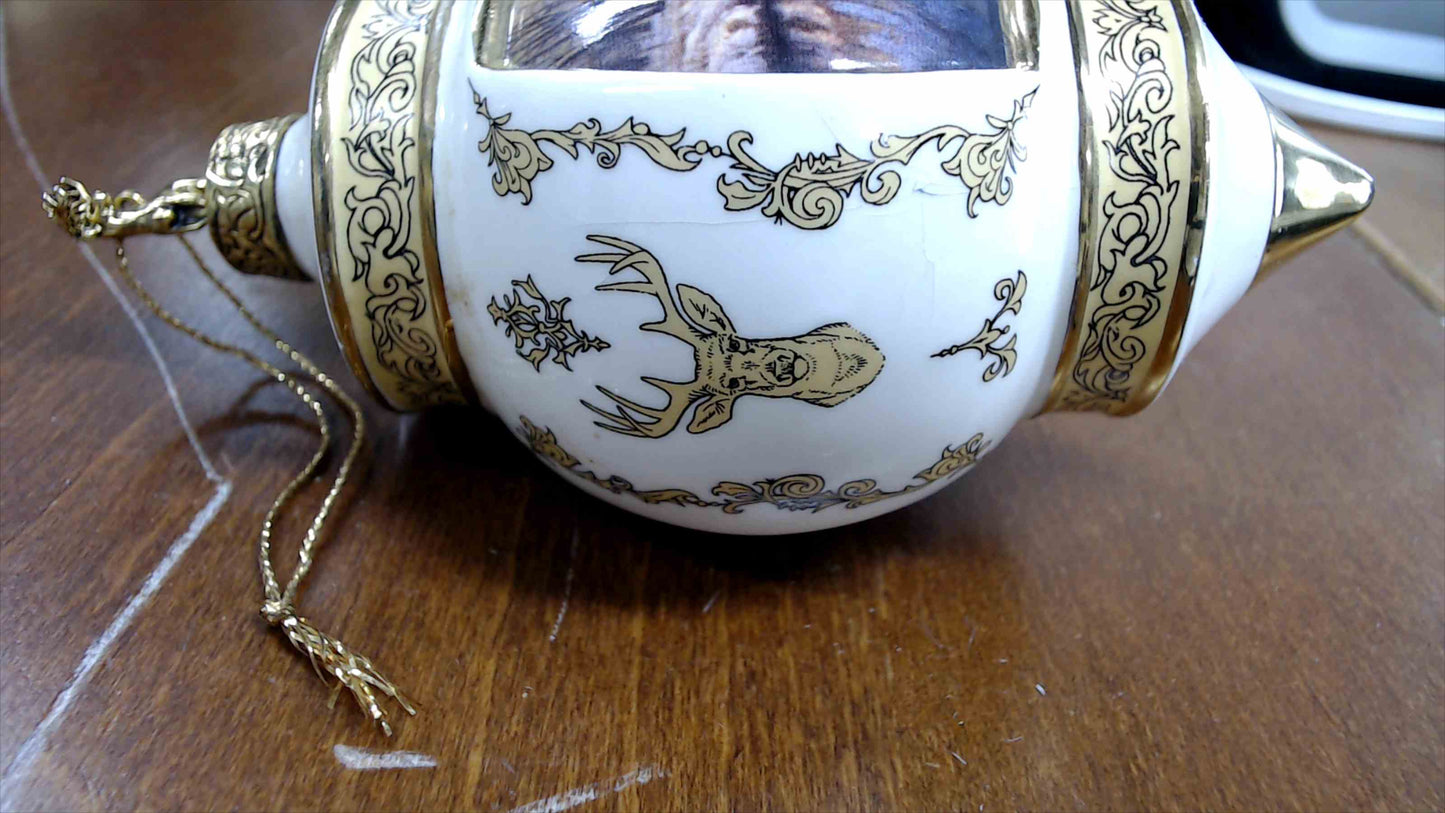 Vintage Finial Deer Scene Ornament – White/Gold Porcelain, 5.5” Tall