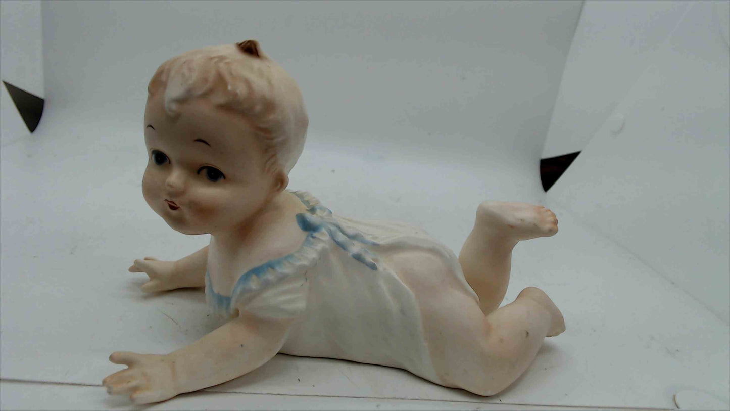 Vintage Arnart Japan Crawling Baby Figurine – 7" Bisque Porcelain, Blue Trim (U-5649)