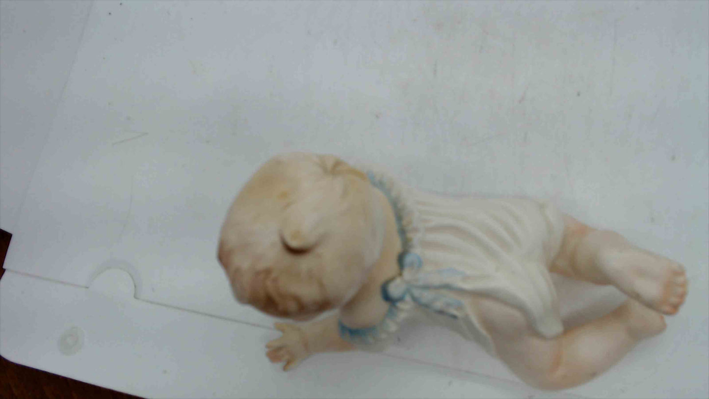 Vintage Arnart Japan Crawling Baby Figurine – 7" Bisque Porcelain, Blue Trim (U-5649)