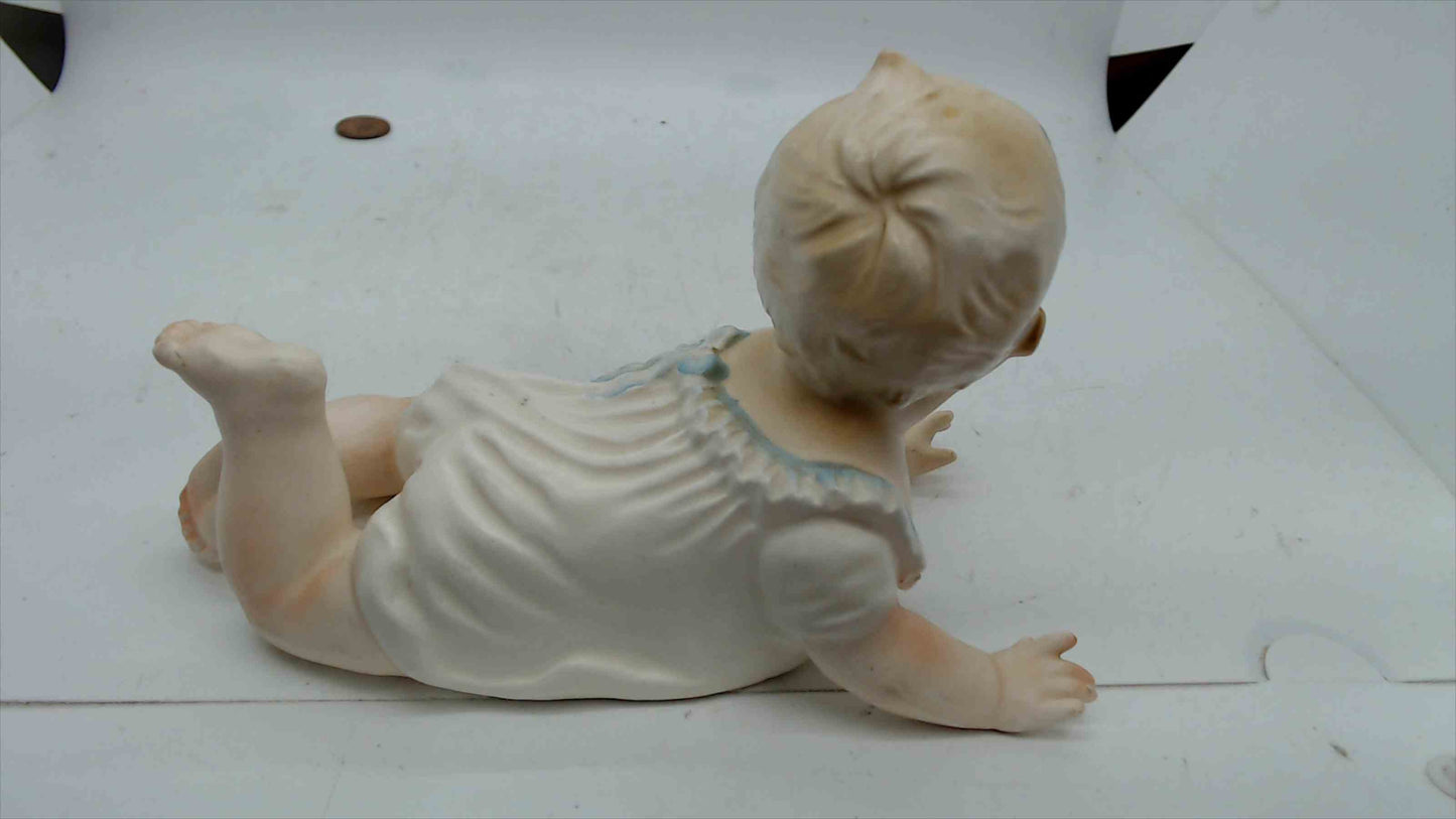 Vintage Arnart Japan Crawling Baby Figurine – 7" Bisque Porcelain, Blue Trim (U-5649)