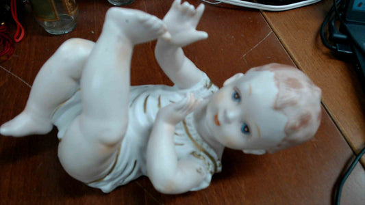Vintage Bisque Porcelain Baby Figurine – Crossed Swords “A / 1788” Mark, Hand-Painted Gold Accents – 9” L x 6” H
