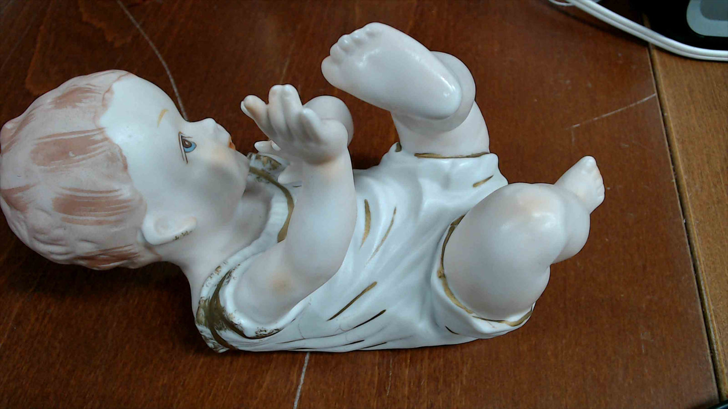 Vintage Bisque Porcelain Baby Figurine – Crossed Swords “A / 1788” Mark, Hand-Painted Gold Accents – 9” L x 6” H