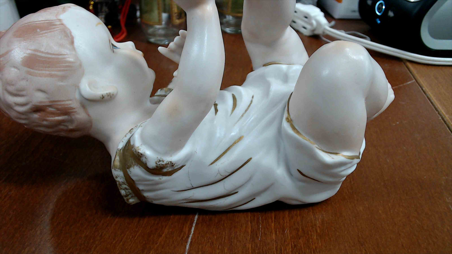 Vintage Bisque Porcelain Baby Figurine – Crossed Swords “A / 1788” Mark, Hand-Painted Gold Accents – 9” L x 6” H