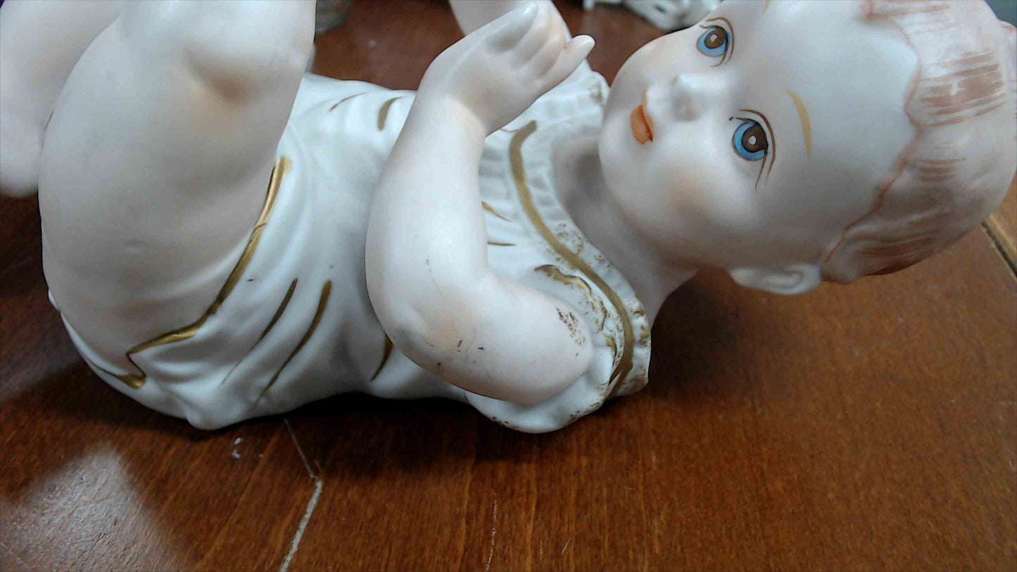 Vintage Bisque Porcelain Baby Figurine – Crossed Swords “A / 1788” Mark, Hand-Painted Gold Accents – 9” L x 6” H