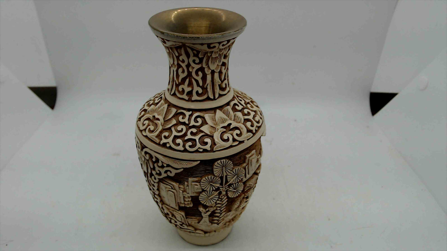 Vintage Hand-Carved Faux Ivory Asian Scenic Vase – Made in Taiwan R.O.C. – 6.5” Tall