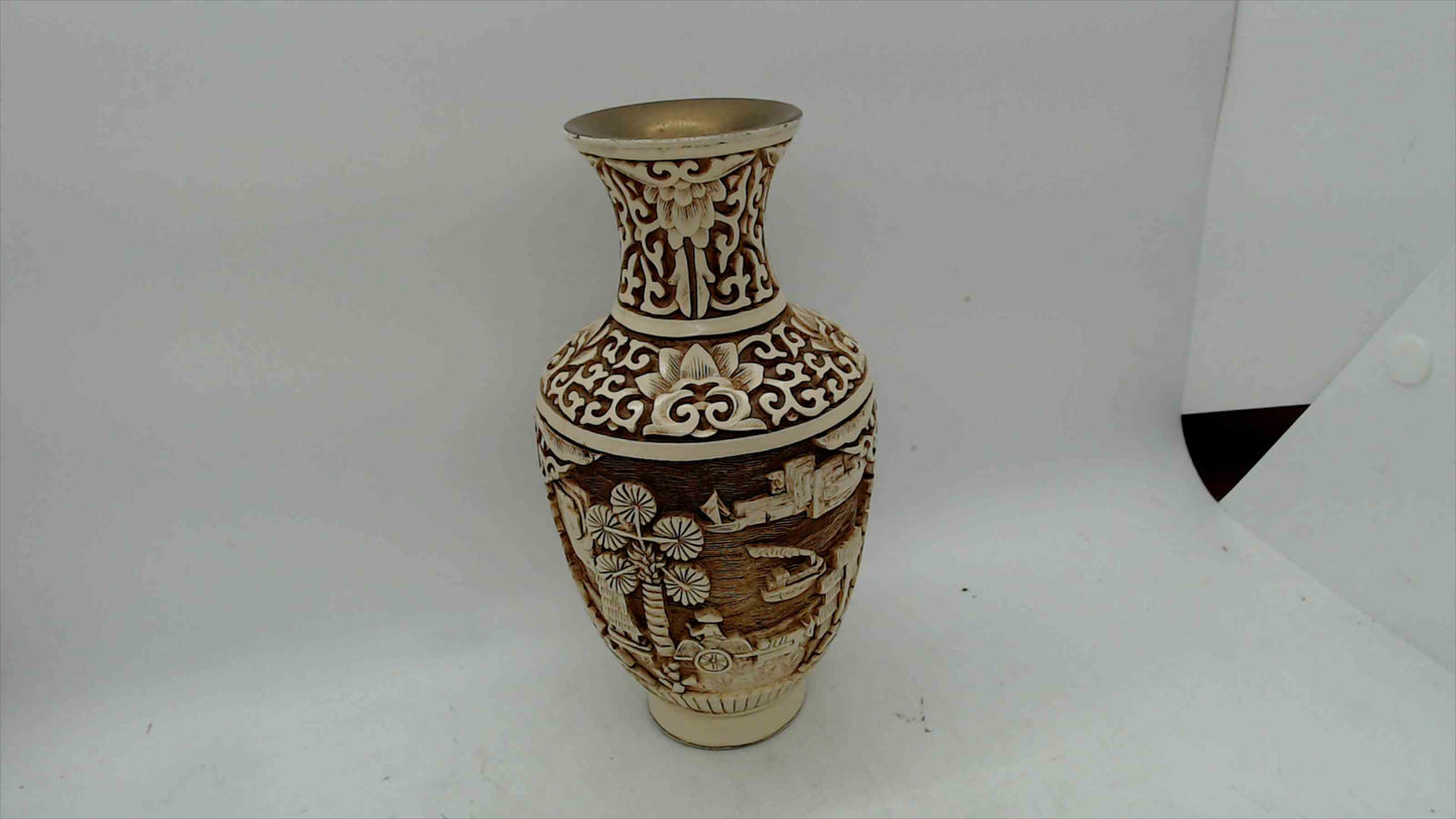 Vintage Hand-Carved Faux Ivory Asian Scenic Vase – Made in Taiwan R.O.C. – 6.5” Tall