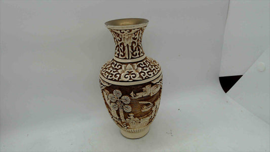 Vintage Hand-Carved Faux Ivory Asian Scenic Vase – Made in Taiwan R.O.C. – 6.5” Tall