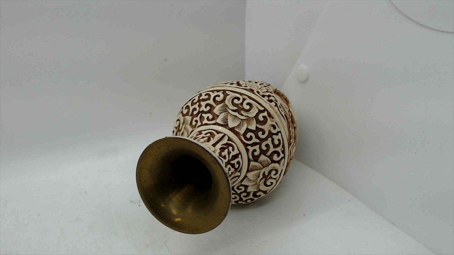 Vintage Hand-Carved Faux Ivory Asian Scenic Vase – Made in Taiwan R.O.C. – 6.5” Tall