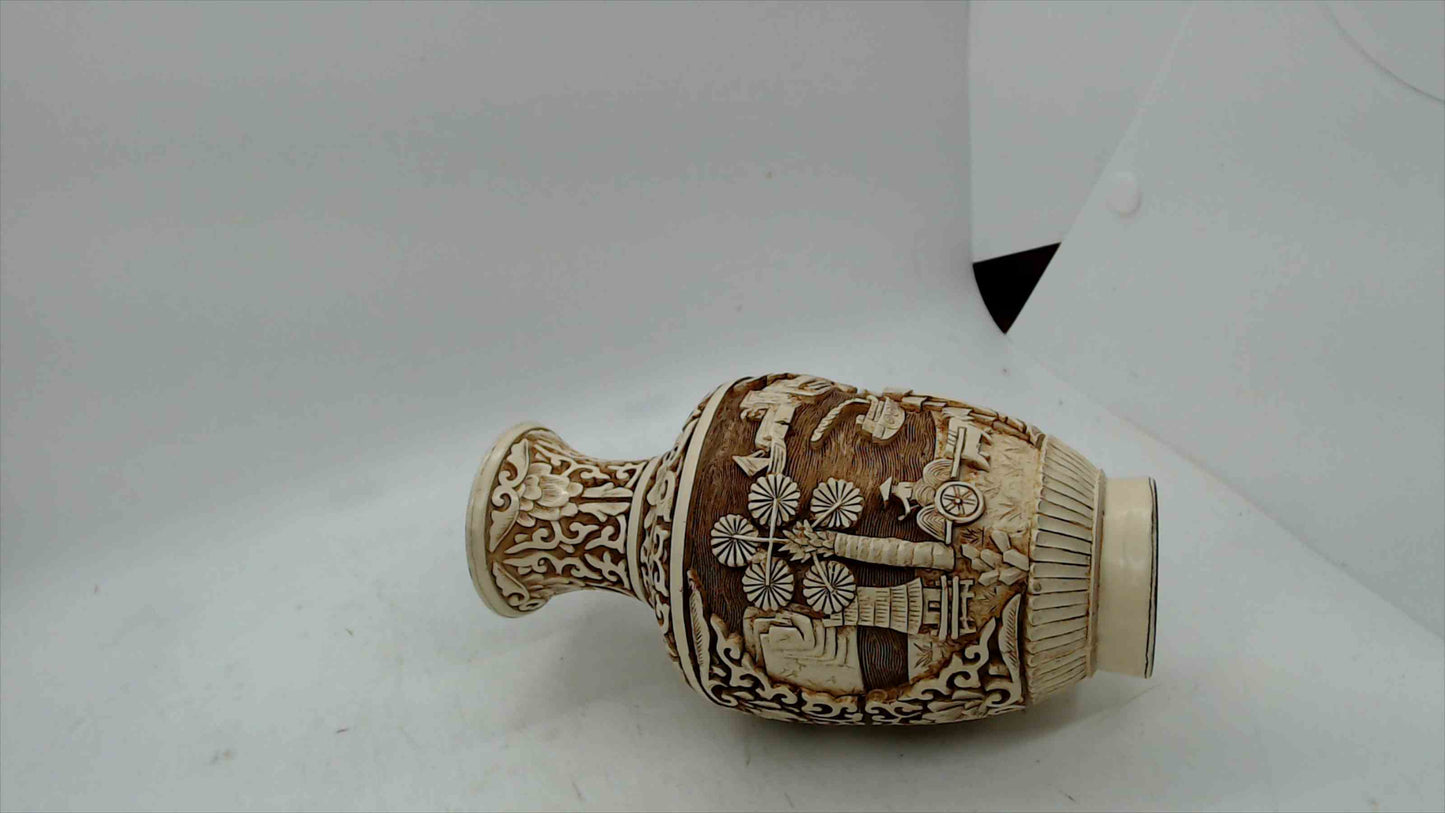 Vintage Hand-Carved Faux Ivory Asian Scenic Vase – Made in Taiwan R.O.C. – 6.5” Tall
