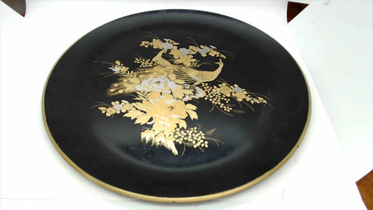 Otagiri Original Japan 12" Black Lacquer Decorative Plate – Gold Gilt Peacocks & Florals – Hand Crafted