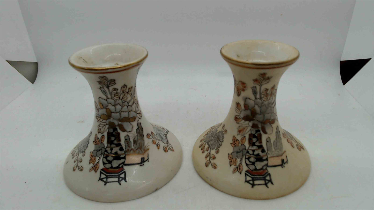 Toyo Hand-Painted Candlestick Holders (Pair) – Macau – Asian Floral/Imari Style – 4" x 4"