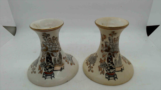 Toyo Hand-Painted Candlestick Holders (Pair) – Macau – Asian Floral/Imari Style – 4" x 4"