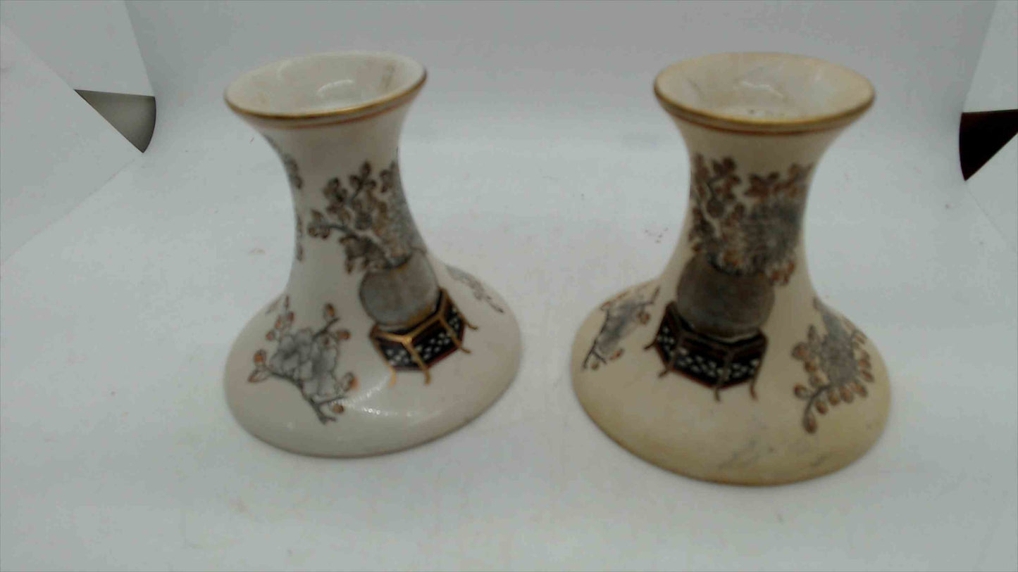 Toyo Hand-Painted Candlestick Holders (Pair) – Macau – Asian Floral/Imari Style – 4" x 4"
