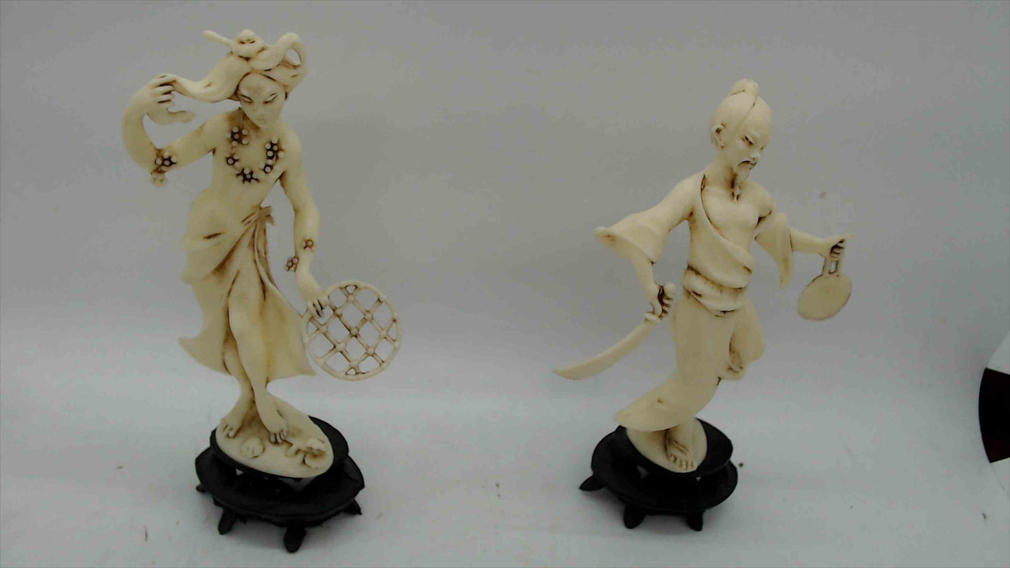 Vintage Italian Faux-Ivory Asian Dancer & Warrior Figurines on Ebonized Stands – Pair, ~5" Tall