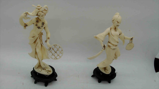 Vintage Italian Faux-Ivory Asian Dancer & Warrior Figurines on Ebonized Stands – Pair, ~5" Tall