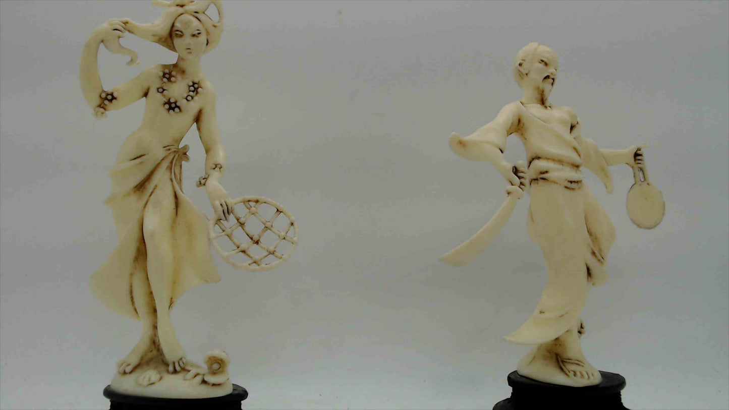 Vintage Italian Faux-Ivory Asian Dancer & Warrior Figurines on Ebonized Stands – Pair, ~5" Tall