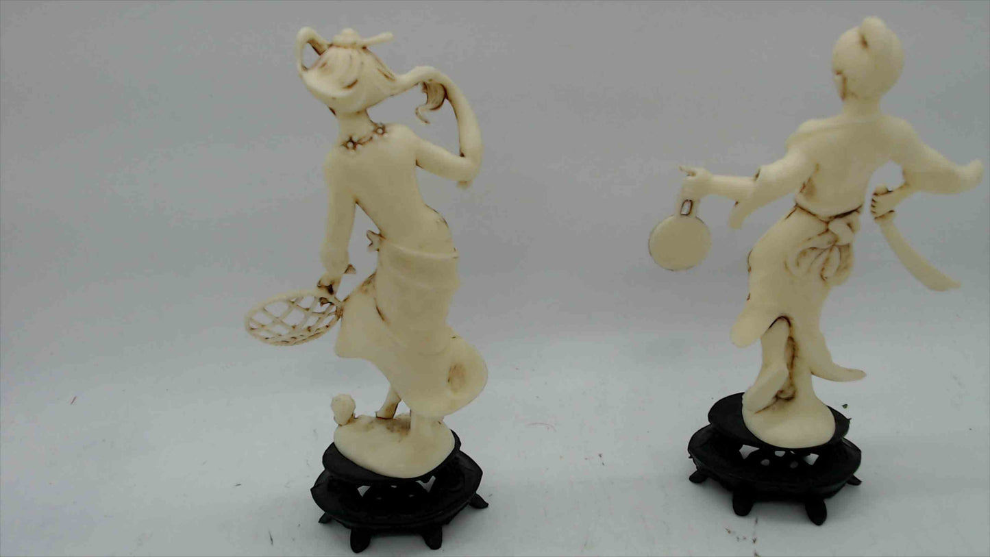 Vintage Italian Faux-Ivory Asian Dancer & Warrior Figurines on Ebonized Stands – Pair, ~5" Tall