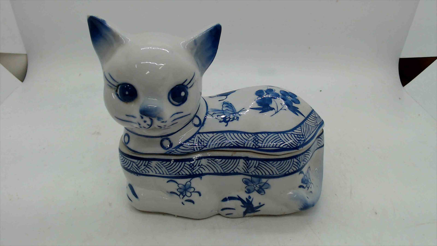 Blue & White Porcelain Cat Lidded Trinket Box – 4.5" T x 5" L – Made in China