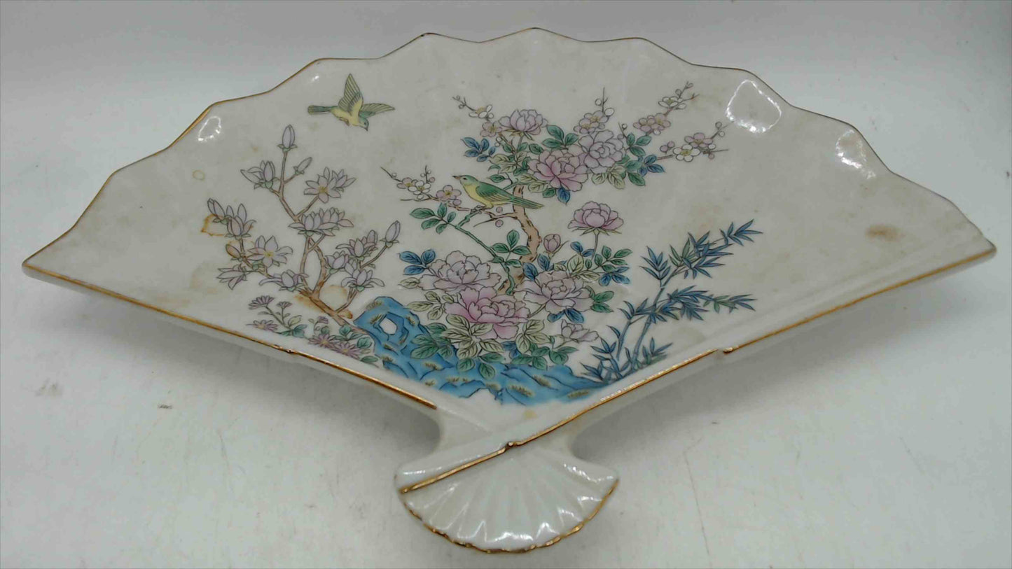 Vintage Enesco Fan-Shaped Porcelain Tray – Birds & Blossoms (1983, Japan)