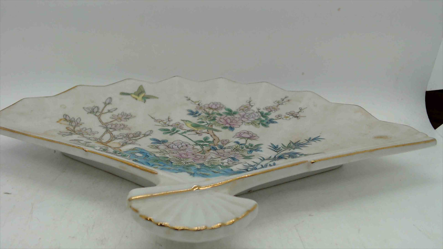 Vintage Enesco Fan-Shaped Porcelain Tray – Birds & Blossoms (1983, Japan)