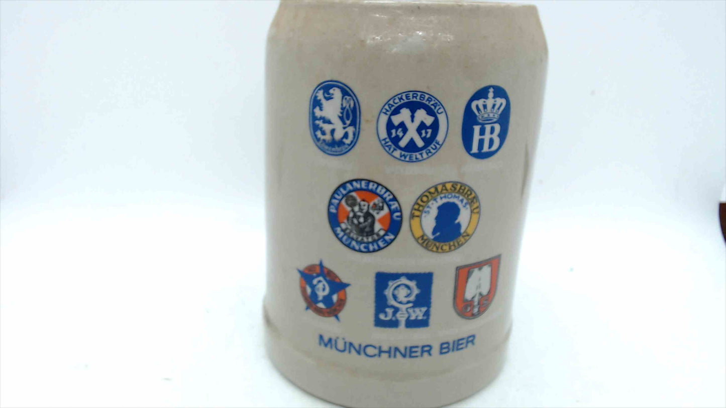 Vintage GERZ “Münchner Bier” 0.5L Stoneware Beer Stein – West Germany, Brewery Logos, 5”
