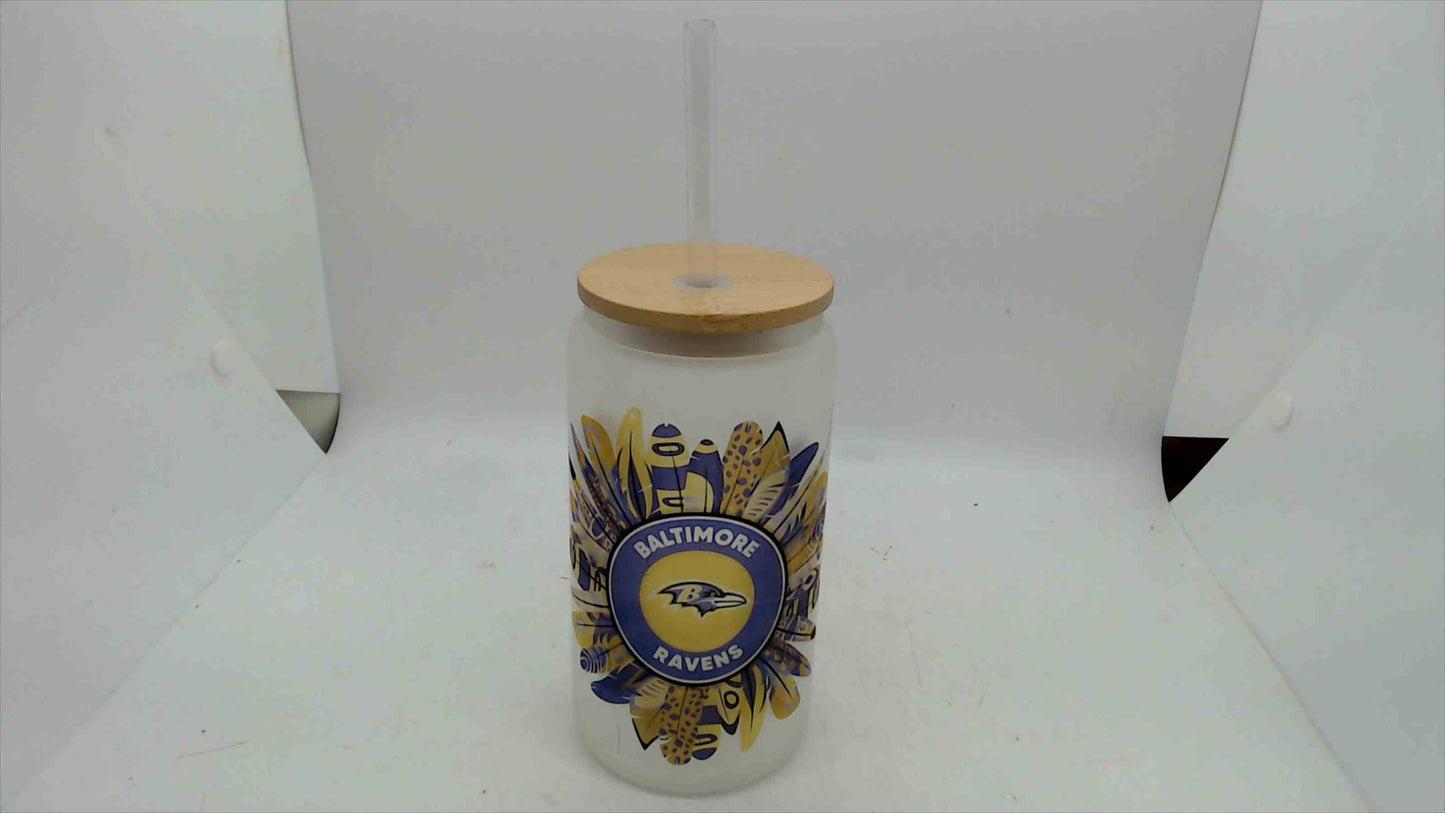 Baltimore Ravens Frosted Glass Can Tumbler w/ Bamboo Lid & Straw – 6”