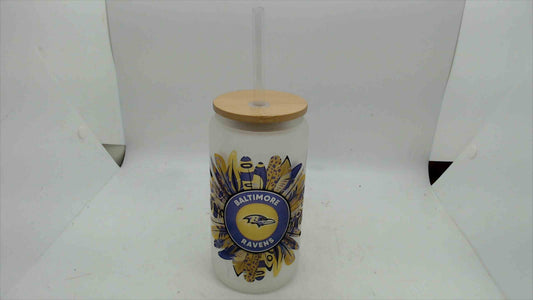 Baltimore Ravens Frosted Glass Can Tumbler w/ Bamboo Lid & Straw – 6”