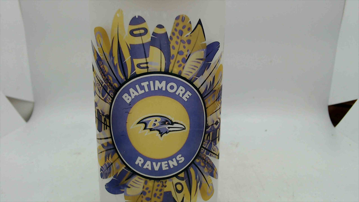 Baltimore Ravens Frosted Glass Can Tumbler w/ Bamboo Lid & Straw – 6”