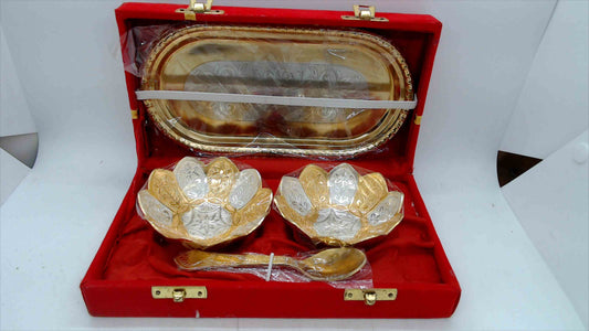 Gold & Silver Etched Serving Set in Red Velvet Gift Box – 4-Piece