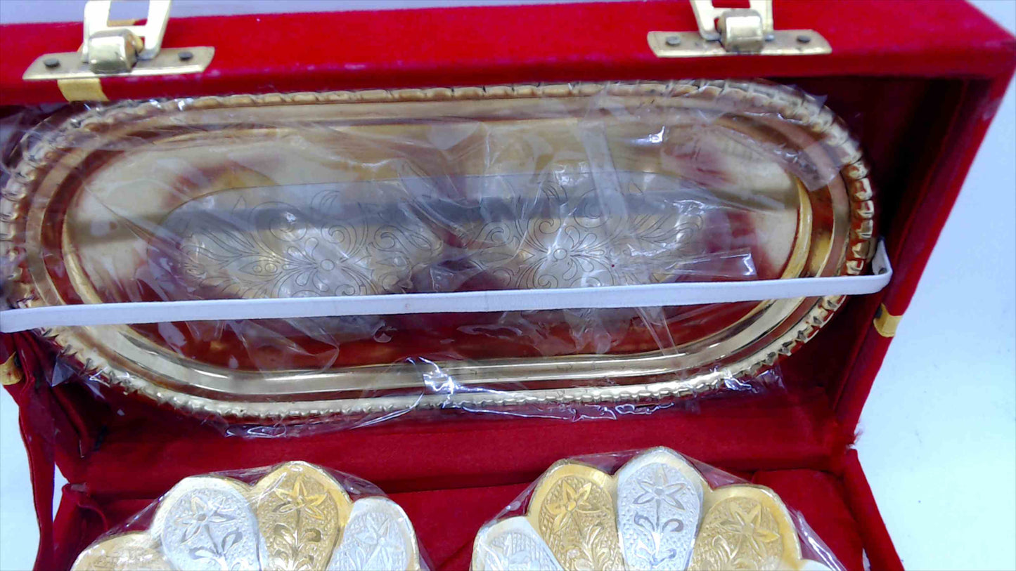 Gold & Silver Etched Serving Set in Red Velvet Gift Box – 4-Piece