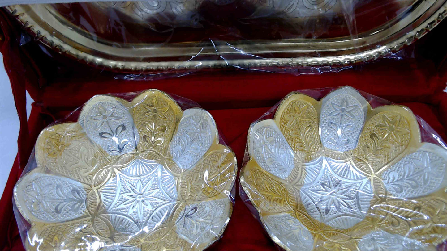 Gold & Silver Etched Serving Set in Red Velvet Gift Box – 4-Piece